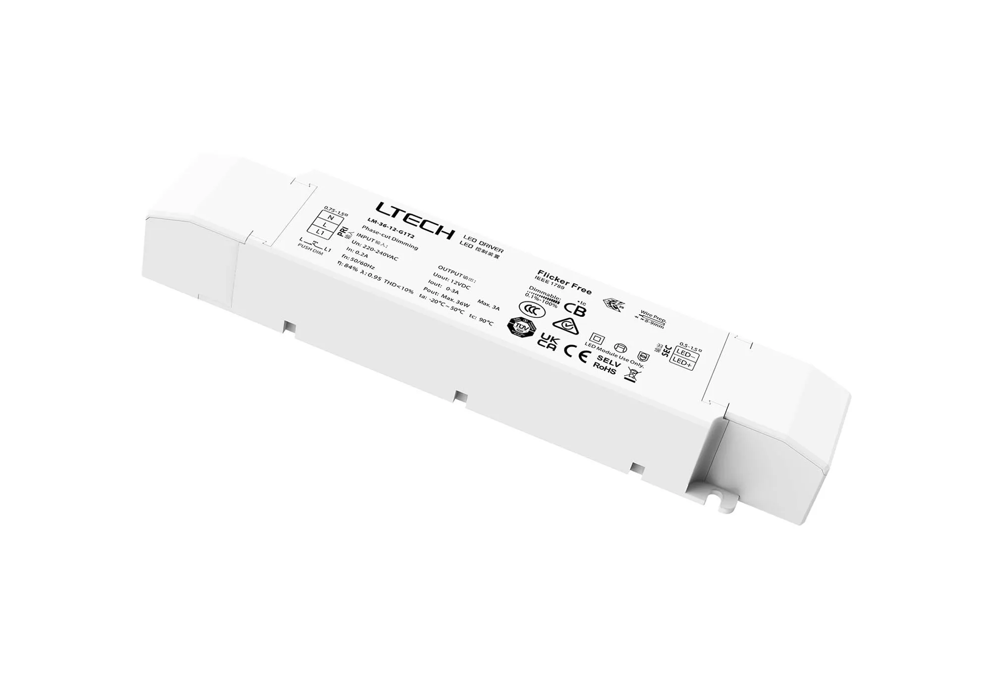 Leading edge (Triac), Trailing edge (ELV) Phase-cut and Push DIM/CCT, 0-100% Dim, Constant Voltage 36W, 12Vdc 3A, 200-240Vac, IP20, 5yrs Warranty.